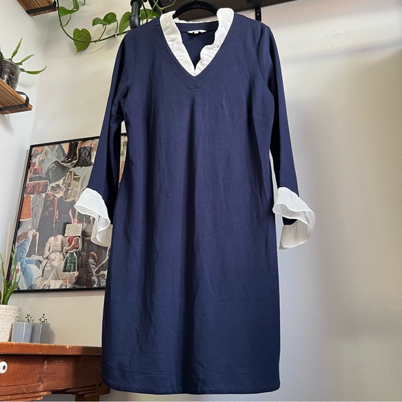 Crown & Ivy Navy Blue w/ White Frill Trim Collar VNeck LongSleeve Shift Dress M - Picture 1 of 9